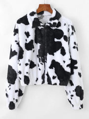 Plush Cow Print Drop Shoulder Zipper Coat