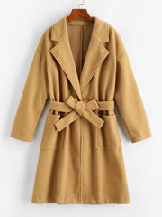 Pockets Belted Wool Blend Long Coat