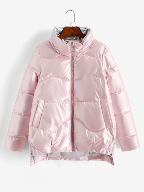 Pockets Zip Up Wet Look Puffer Coat