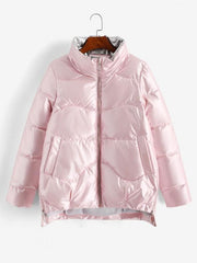 Pockets Zip Up Wet Look Puffer Coat