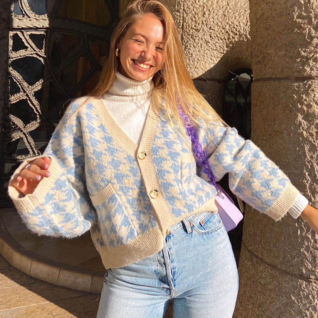 Preppy Houndstooth V Neck Long Sleeve Cardigan - Blue