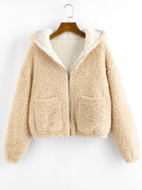 Reversible Hooded Pocket Drop Shoulder Teddy Coat