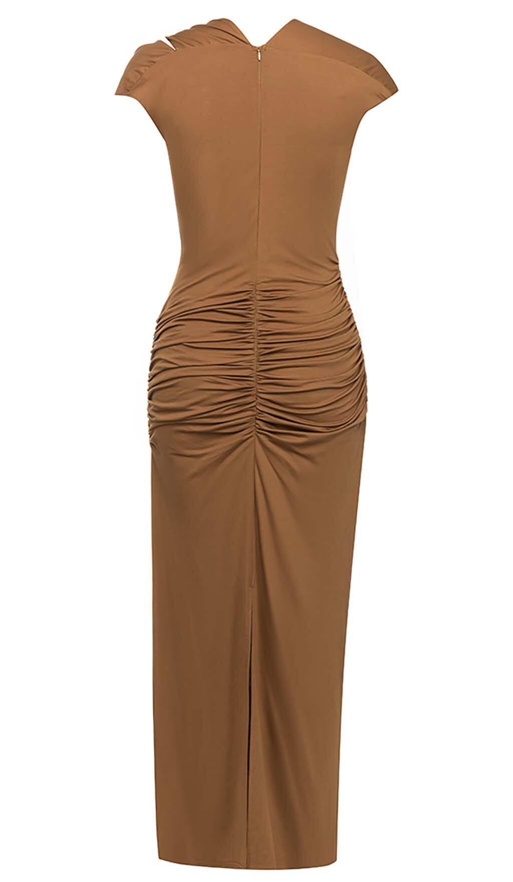 RUCHED SATIN MIDI DRESS IN BROWN