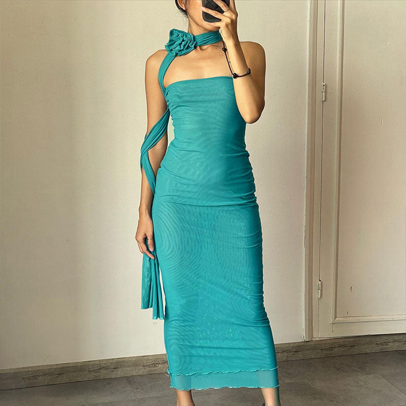 Mesh 3D Floral Choker Detail Strapless Bodycon Party Midi Dress - Turquoise