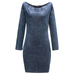 Off Shoulder Long Sleeve Bodycon Denim Mini Dress - Blue