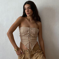 Curved Hem Strapless Lace Up Cropped Top - Khaki