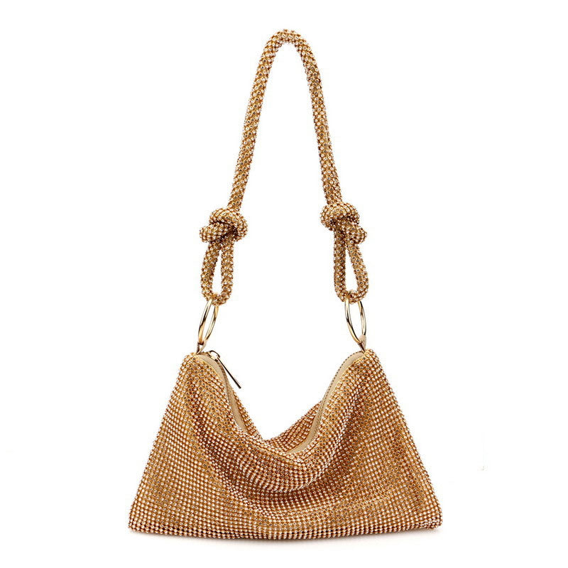 Crystal Embellished Knot Trim Shoulder Party Bag - Gold