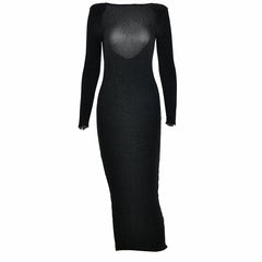 Long Sleeve Open Back Cocktail Midi Dress - Black