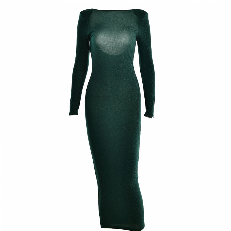 Long Sleeve Open Back Cocktail Midi Dress - Emerald Green