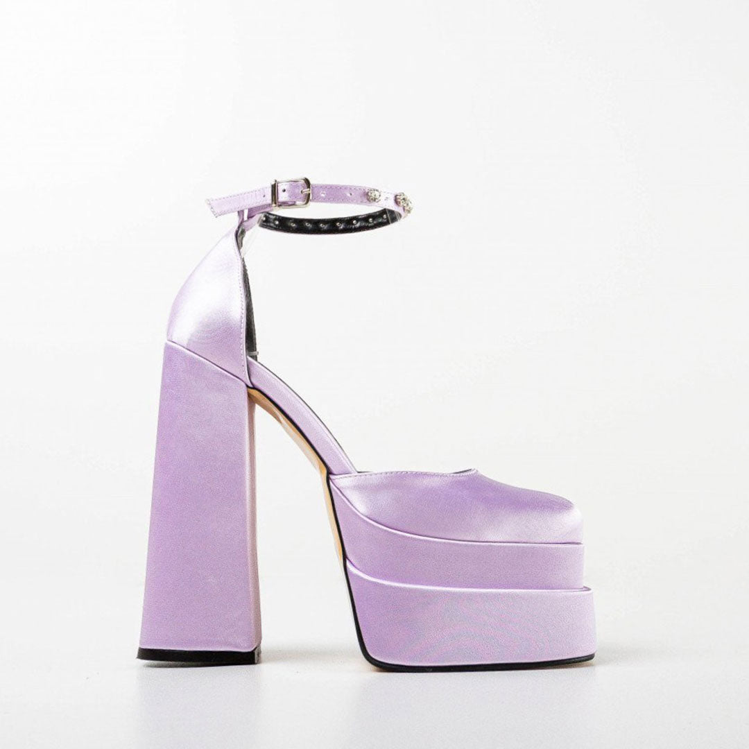 Crystal Satin Square Toe Chunky Platform Pumps - Purple