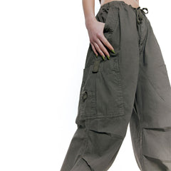 Drawstring Multi Pocket Wide Leg Baggy Cargo Pants - Army Green