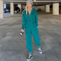 Lace Up Hooded Drop Shoulder Long Sleeve Jumpsuit - Turquoise