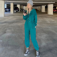 Lace Up Hooded Drop Shoulder Long Sleeve Jumpsuit - Turquoise