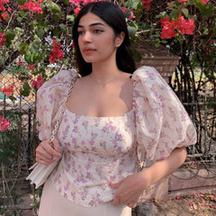 Lace Up Backless Floral Printed Puff Sleeve Crop Top - Beige