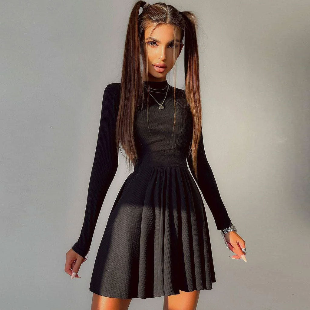 Cut Out Back Long Sleeve Skater Mini Dress - Black