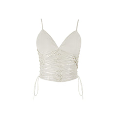Lace Up Vegan Leather Deep V Tank Crop Top - Ivory