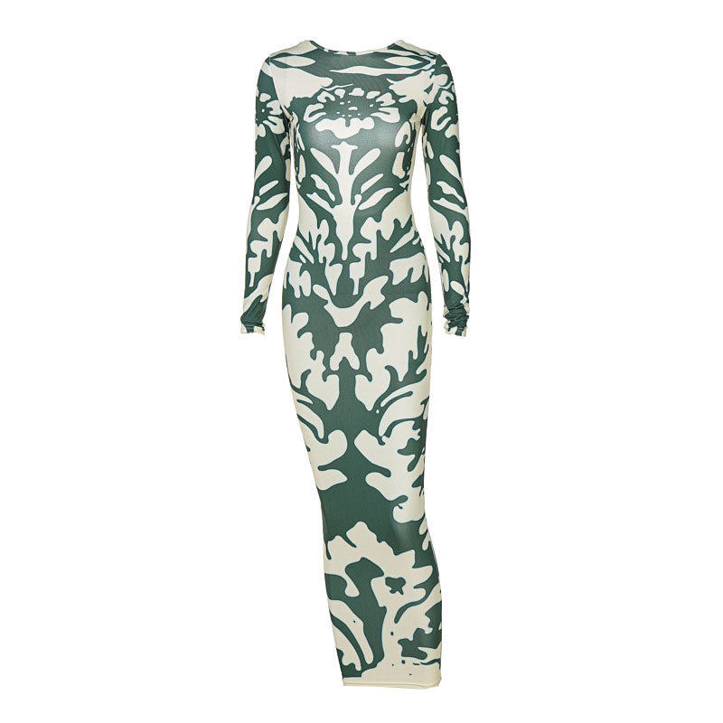 Long Sleeve Camo Print Backless Maxi Dress - Green