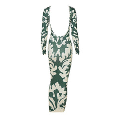 Long Sleeve Camo Print Backless Maxi Dress - Green