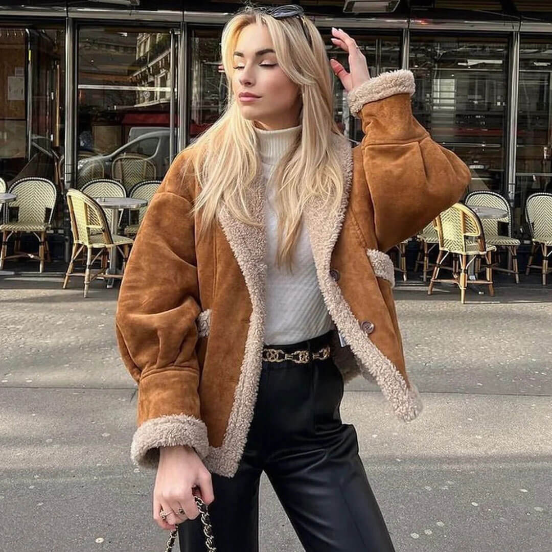 Vintage Patch Pocket Long Sleeve Shearling Jacket - Brown