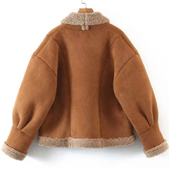 Vintage Patch Pocket Long Sleeve Shearling Jacket - Brown