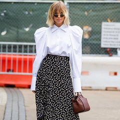 Vintage Frilled Puff Sleeve Pointed Collar Blouse - White