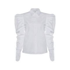 Vintage Frilled Puff Sleeve Pointed Collar Blouse - White