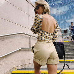 Vintage High Neck Bishop Sleeve Crop Plaid Blouse - Yellow