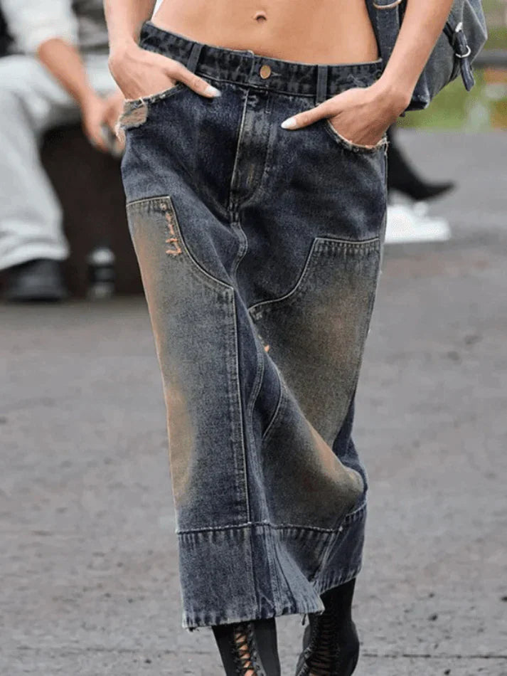Vintage Patchwork Distressed Long Denim Skirt