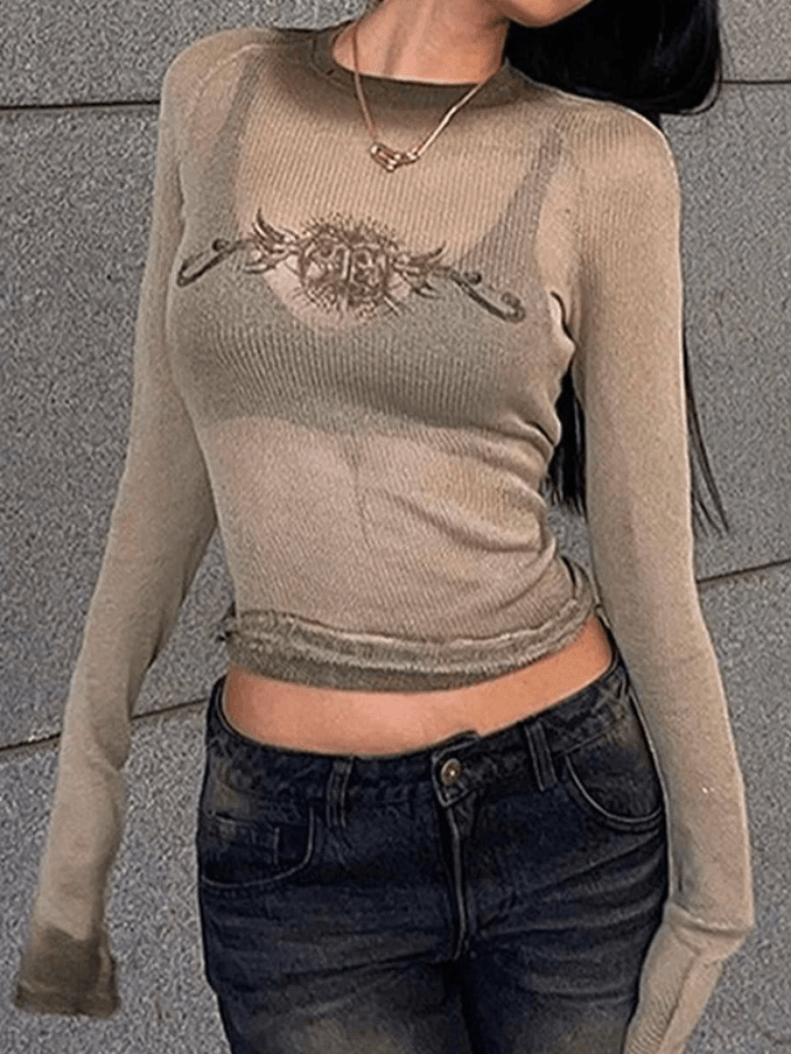 Vintage Print Mesh Long Sleeve Tee