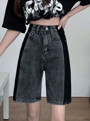 Washed Patchwork Denim Shorts