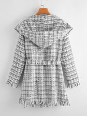 Waterfall Collar Self Belted Raw Trim Tweed Hooded Coat