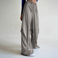 Whimsical Low Waist Satin Wide Leg Baggy Pants - Gray