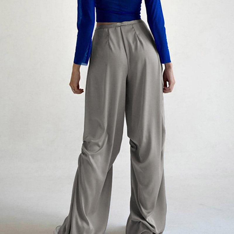 Whimsical Low Waist Satin Wide Leg Baggy Pants - Gray