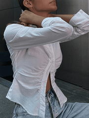 White Ruched Cropped Long Sleeve Blouse