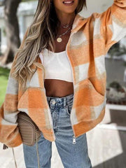 Women's Coat Checked Plush Warm Hooded Zipper Coat