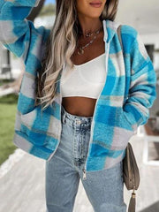 Women's Coat Checked Plush Warm Hooded Zipper Coat