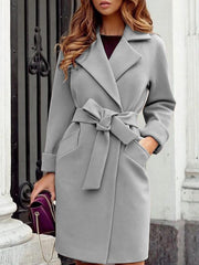 Women's Coats Belt Pocket Lapel Mid-Length Woolen Coat