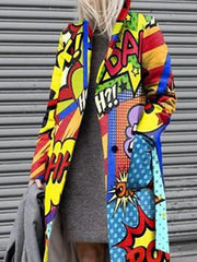 Women's Coats Cartoon Print Pocket Lapel Long Coat