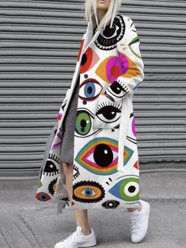 Women's Coats Cartoon Print Pocket Lapel Long Coat