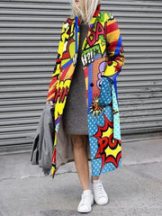 Women's Coats Cartoon Print Pocket Lapel Long Coat