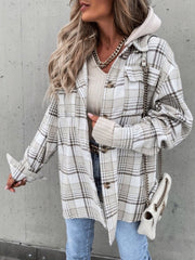 Women's Coats Check Loose Long Sleeve Hooded Shirt Coat