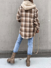 Women's Coats Check Loose Long Sleeve Hooded Shirt Coat