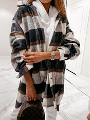 Women's Coats Check Print Long Sleeve Irregular Shirt Coat