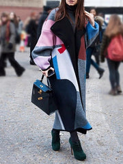 Women's Coats Colorblock Printed Lapel Woolen Coat