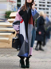 Women's Coats Colorblock Printed Lapel Woolen Coat