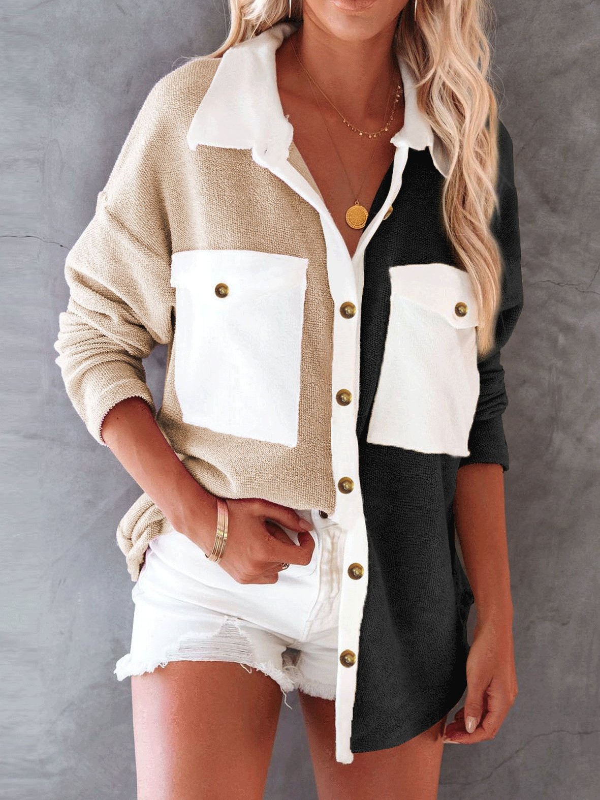 Women's Coats Contrast Button Pocket Long Sleeve Shirt Coat