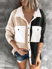 Women's Coats Contrast Button Pocket Long Sleeve Shirt Coat