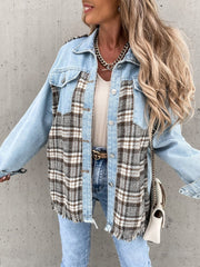 Women's Coats Denim Stitching Plaid Pocket Button Coat