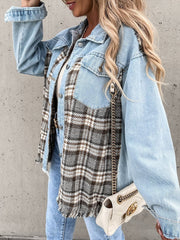 Women's Coats Denim Stitching Plaid Pocket Button Coat