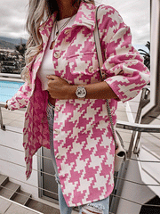 Women's Coats Fashion Loose Long Sleeve Houndstooth Woolen Coat